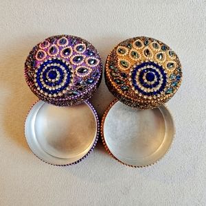 Set of two beaded jewelry boxes, 1920s style art-deco peacock embellishment